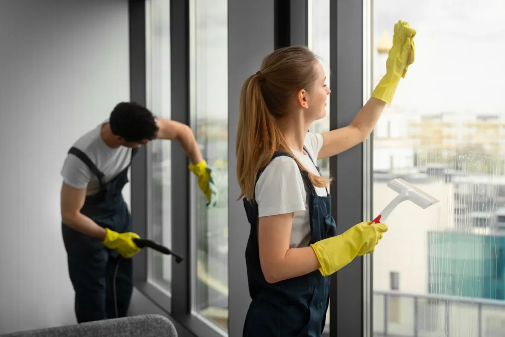 Pareja limpiando ventanas en un entorno moderno, usando guantes amarillos y herramientas de limpieza. La mujer limpia el cristal con un paño, mientras el hombre utiliza un limpiador de vapor.