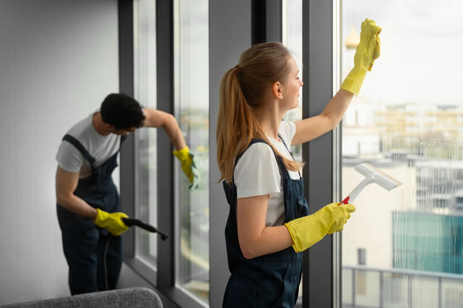 Pareja limpiando ventanas en un entorno moderno, usando guantes amarillos y herramientas de limpieza. La mujer limpia el cristal con un paño, mientras el hombre utiliza un limpiador de vapor.