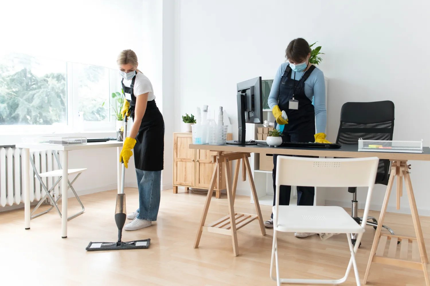 Dos mujeres limpiando una oficina moderna. Una usa un trapeador con mopa y la otra limpia una mesa con productos de limpieza, ambas con guantes y mascarillas. Espacio luminoso con plantas y mobiliario minimalista.